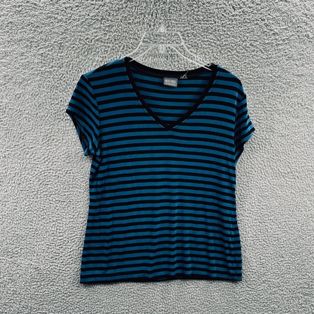 Additions Chicos Women Top 2 Large Blue Black Striped Short Sleeve Shirt Stretch